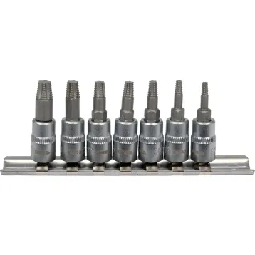 НАБІР БІТ ДЛЯ ВИКРУЧУВАННЯ ПОШКОДЖЕНИХ ШУРУПІВ TORX 7 ШТ. НАБІР БІТ ДЛЯ ВИКРУЧУВАННЯ ПОШКОДЖЕНИХ ШУРУПІВ TORX 7 ШТ.